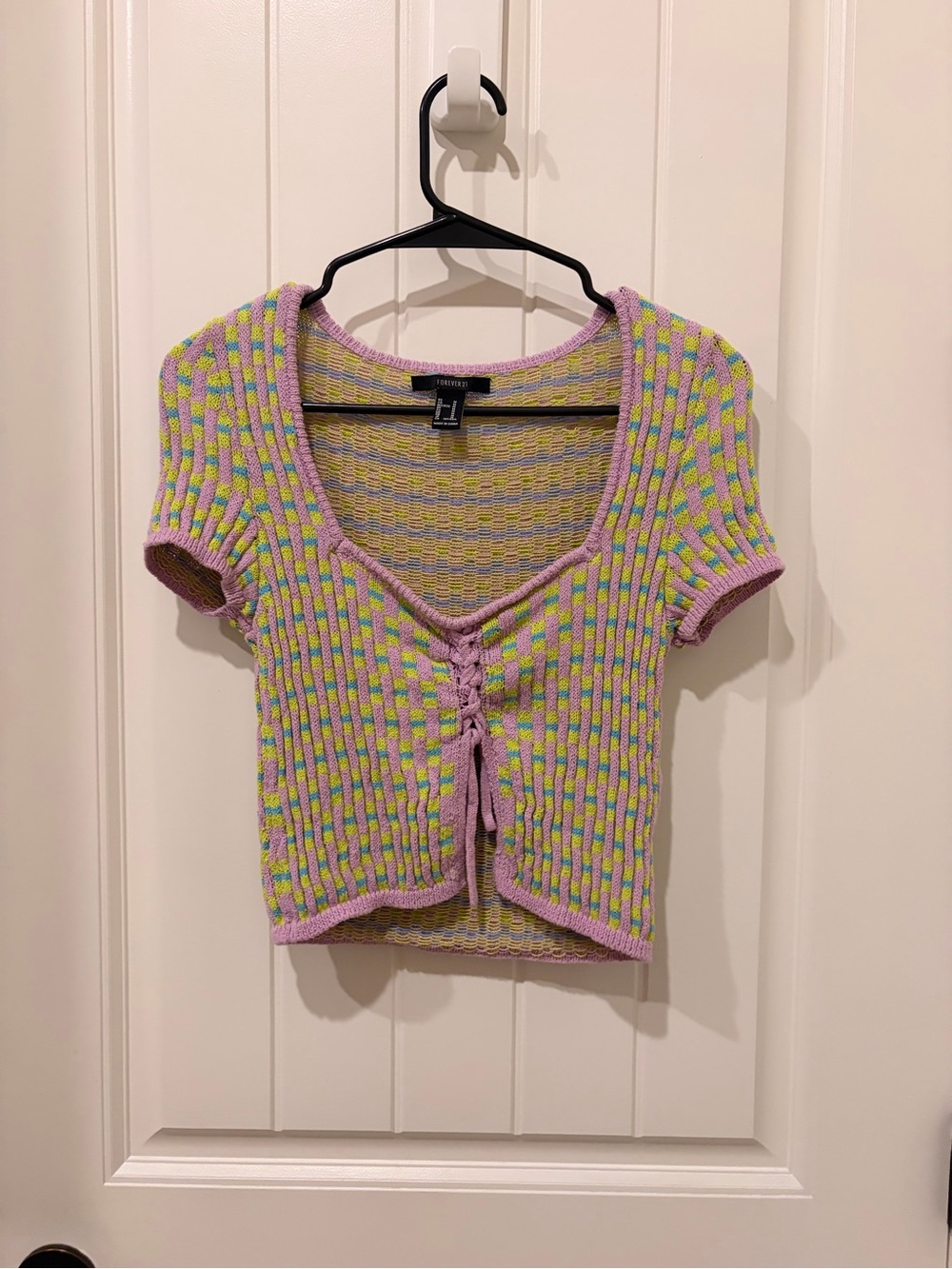 Forever 21 Lavender Knit Tie-Front Crop Top with Lime Accents